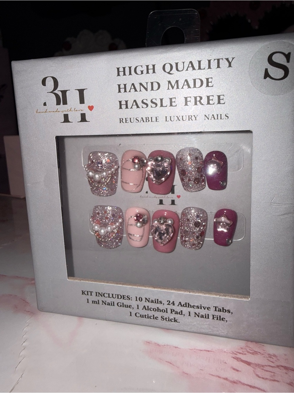 3H Handmade Reusable Pink & Glitter Press-On Nails with Rhinestones